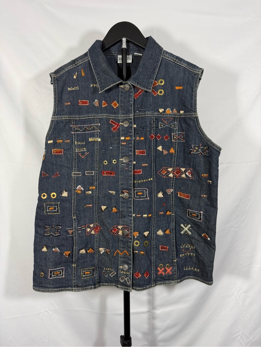 Chico’s Denim Vest Size 3 Embroidered Boho Southwestern Folk Art